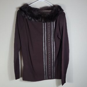 Ten Women Faux Fur Collar Sweater Pullover Size L Brown